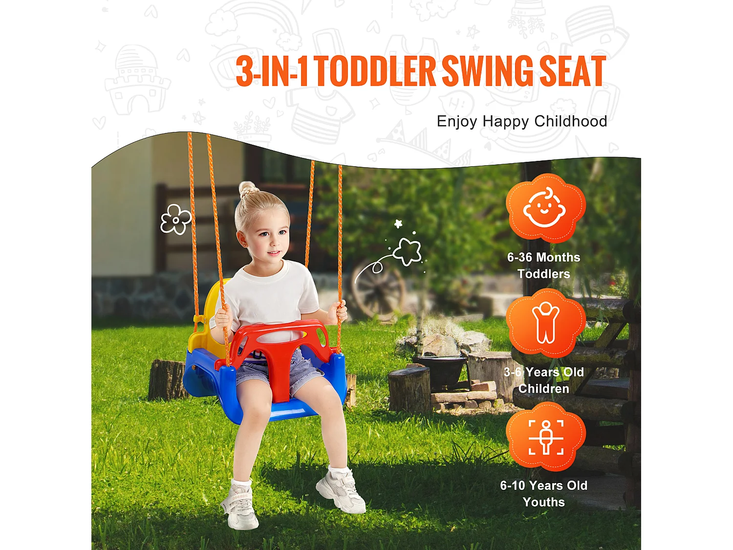 Siège de Balançoire pour Tout-Petit 3 en 1 SucceBuy, Balançoire pour Bébé avec Cordes Réglables et Mousquetons