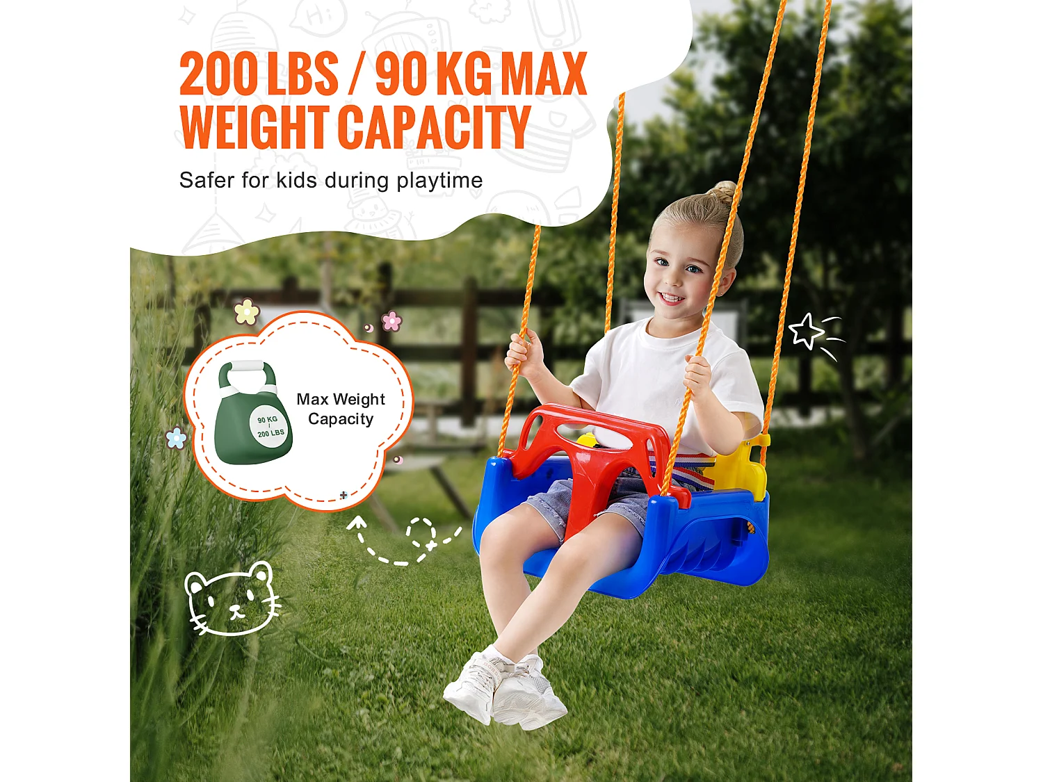 Siège de Balançoire pour Tout-Petit 3 en 1 SucceBuy, Balançoire pour Bébé avec Cordes Réglables et Mousquetons