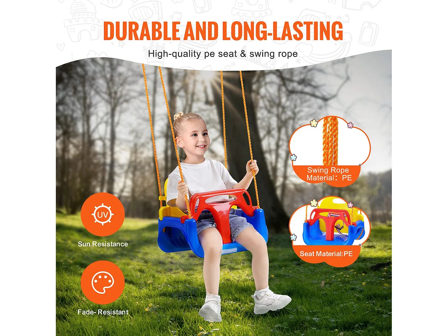 Siège de Balançoire pour Tout-Petit 3 en 1 SucceBuy, Balançoire pour Bébé avec Cordes Réglables et Mousquetons