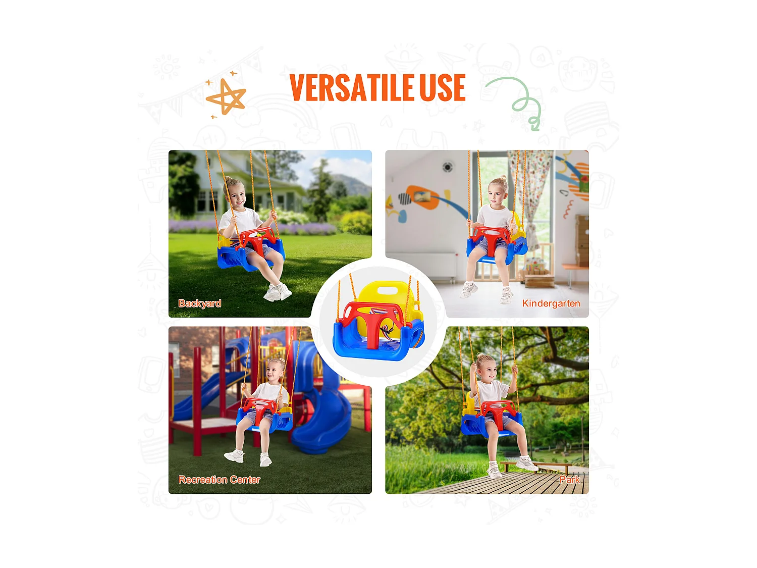 Siège de Balançoire pour Tout-Petit 3 en 1 SucceBuy, Balançoire pour Bébé avec Cordes Réglables et Mousquetons