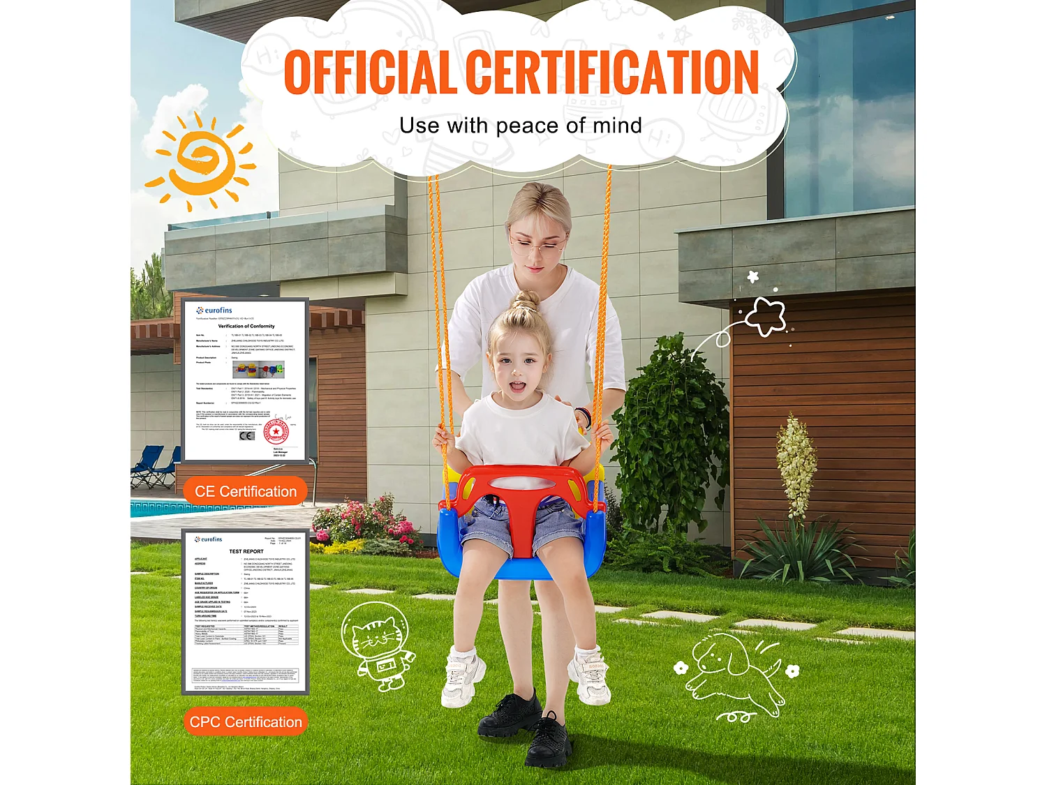 Siège de Balançoire pour Tout-Petit 3 en 1 SucceBuy, Balançoire pour Bébé avec Cordes Réglables et Mousquetons