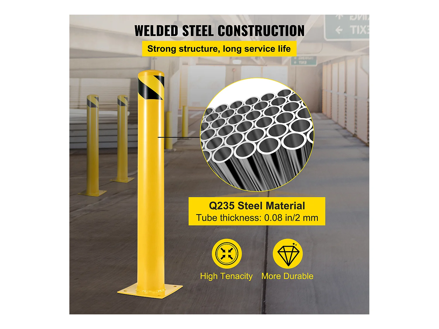 Barrière De Sécurité SucceBuy, 122 x 14 cm, Barrière en Tube d'Acier Jaune