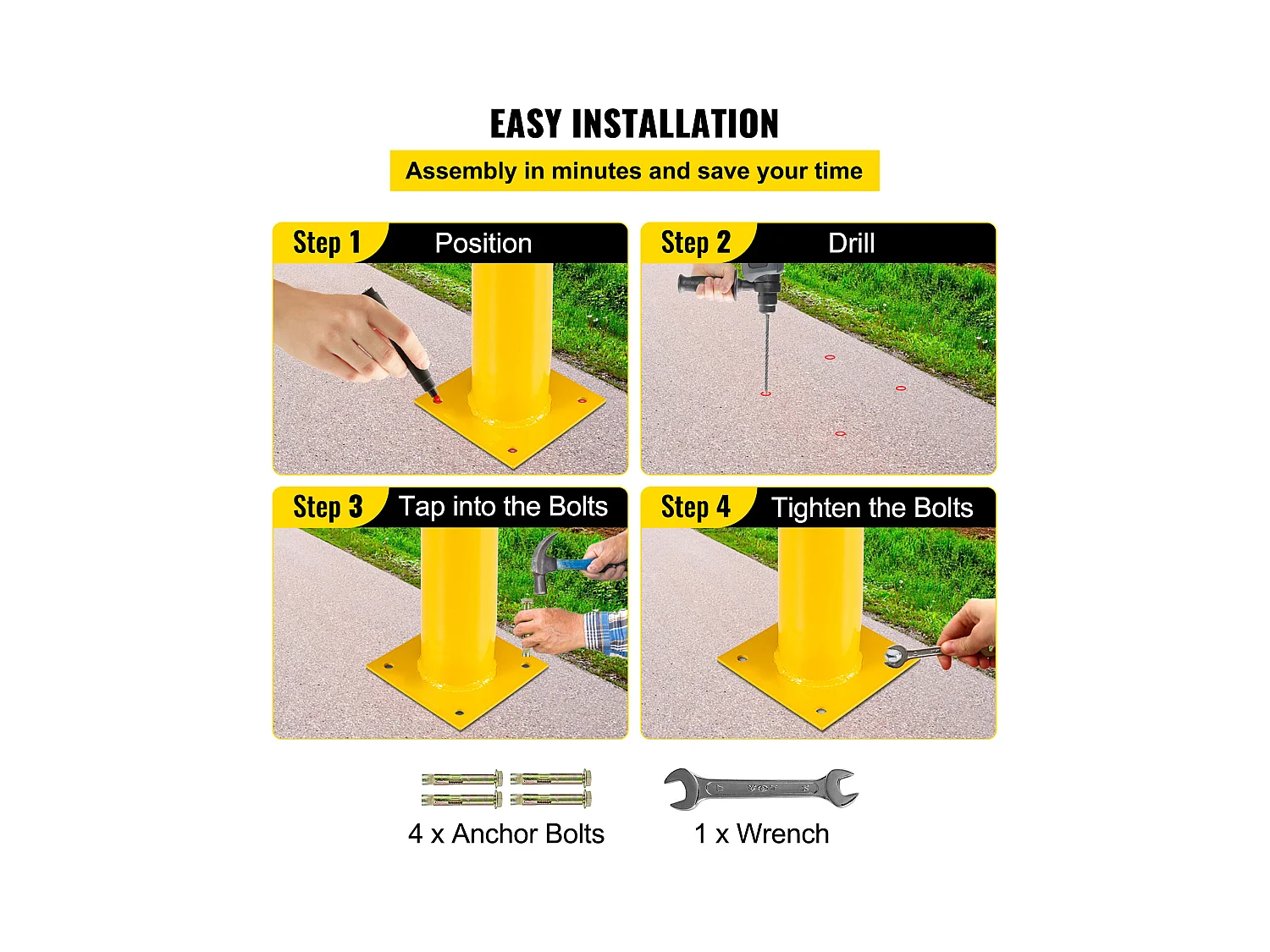 Barrière De Sécurité SucceBuy, 122 x 14 cm, Barrière en Tube d'Acier Jaune