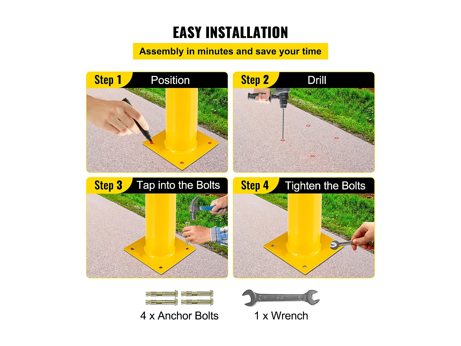 Valla de Seguridad SucceBuy, 106 x 14 cm, Valla de Tubo de Acero Amarillo