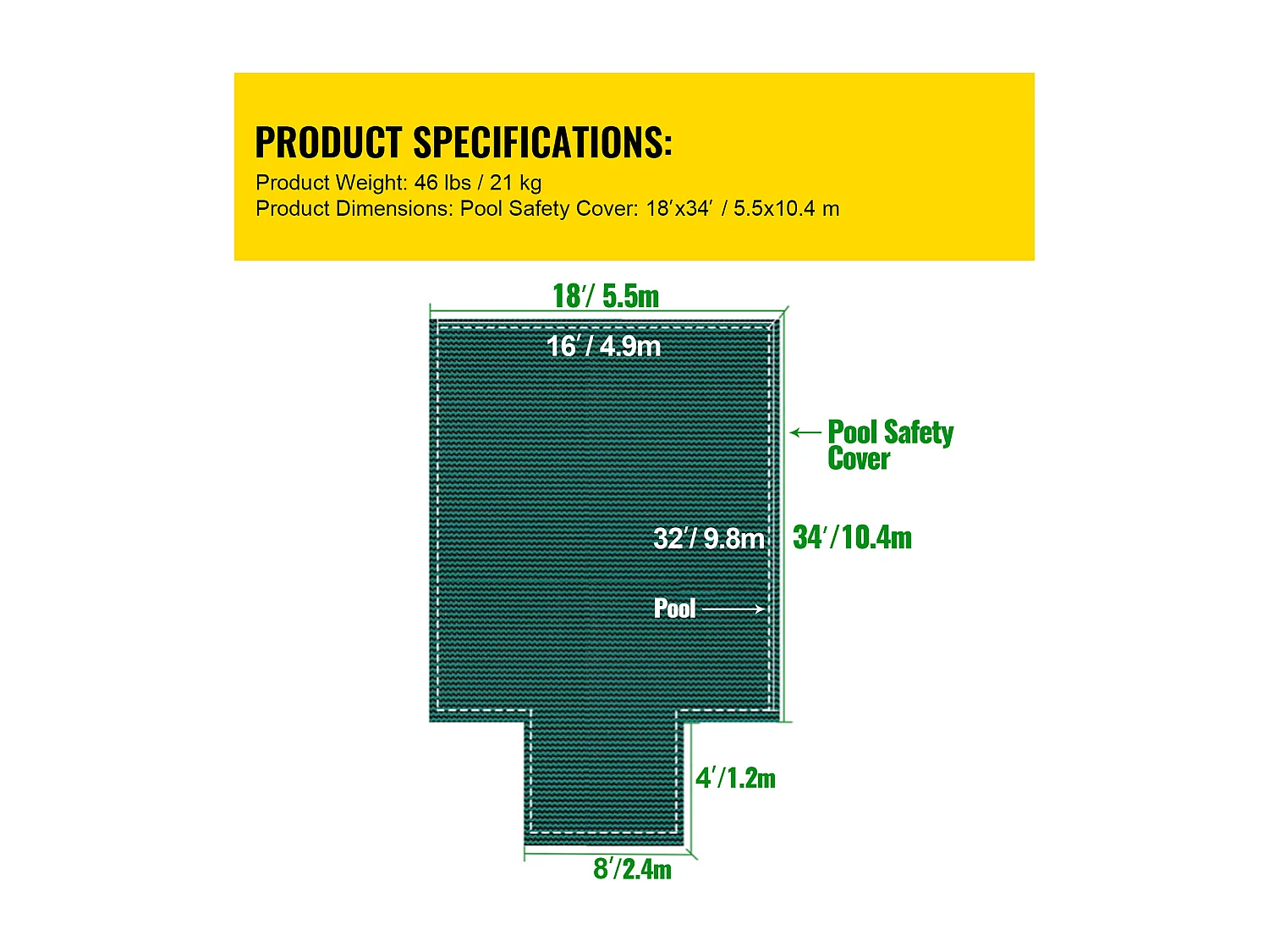 Bâche Hivernage pour Piscines, SucceBuy Couverture de Sécurité Rectangulaire pour Piscine, 490 x 980 cm, Verte, pour une Utilisation en Extérieur en Hiver