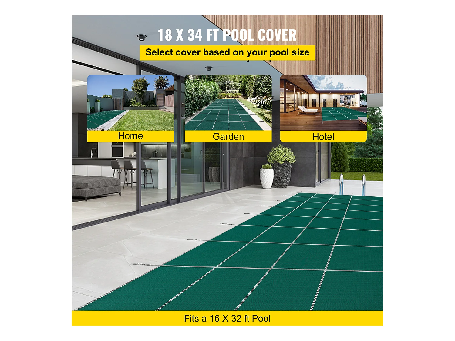 Bâche Hivernage pour Piscines, SucceBuy Couverture de Sécurité pour Piscine, Convient aux Piscines Enterrées Rectangulaires de 488 x 975 cm, Verte