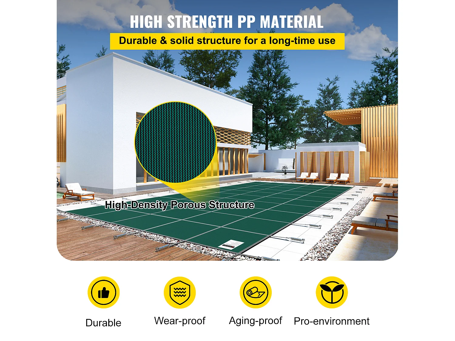 Bâche Hivernage pour Piscines, SucceBuy Couverture de Sécurité pour Piscine, Convient aux Piscines Enterrées Rectangulaires de 488 x 975 cm, Verte