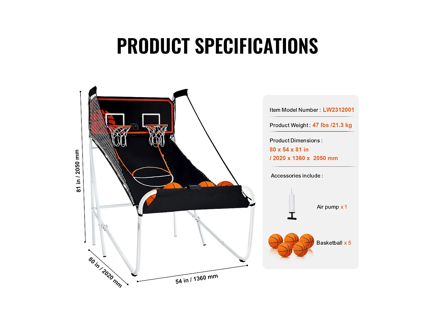 Panier de Basketball Pliable, SucceBuy Jeu d'Arcade de Basket-Ball Pliable d'Intérieur à Double Tir pour 2 Joueurs et 5 Balles