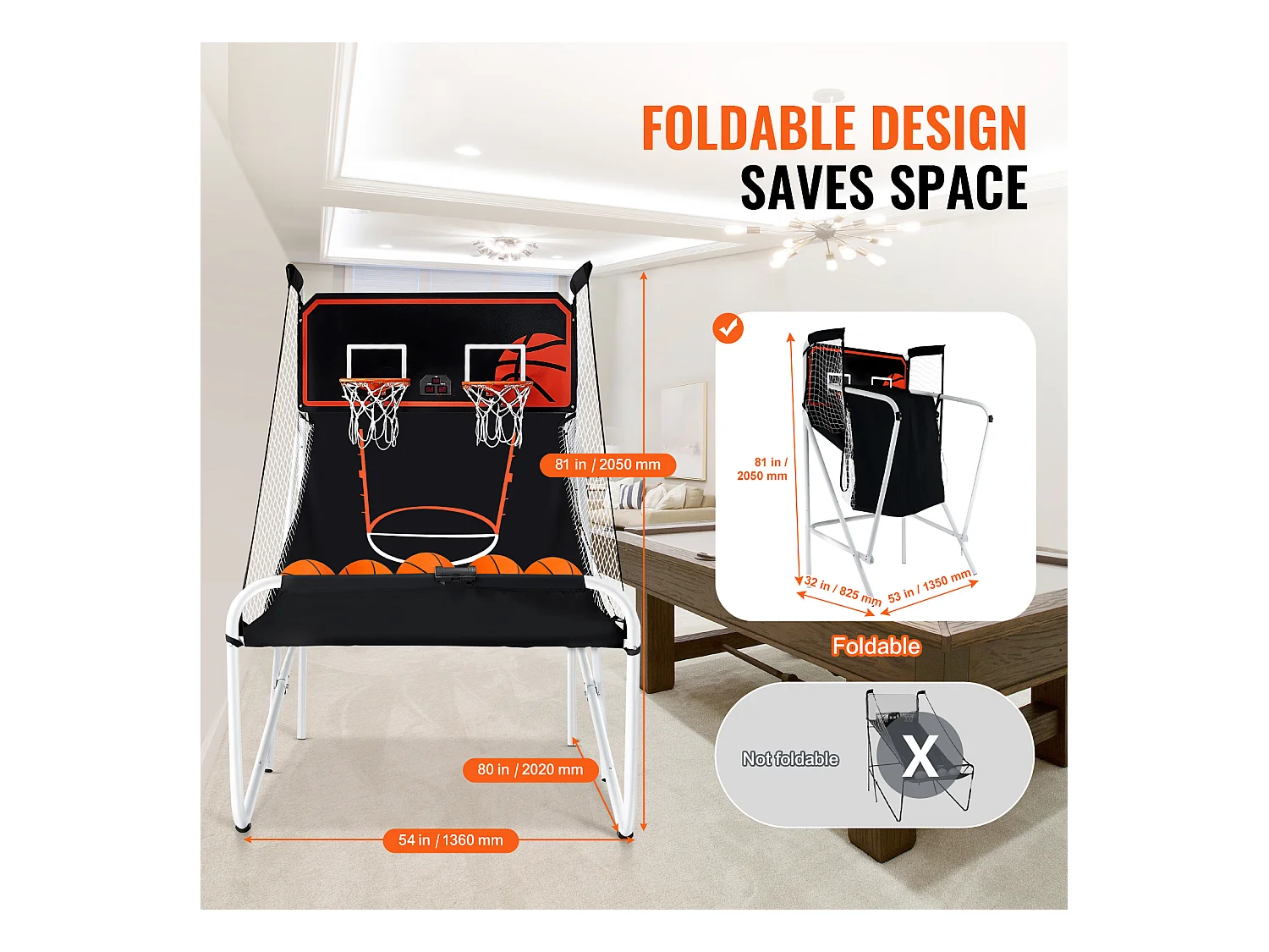 Panier de Basketball Pliable, SucceBuy Jeu d'Arcade de Basket-Ball Pliable d'Intérieur à Double Tir pour 2 Joueurs et 5 Balles