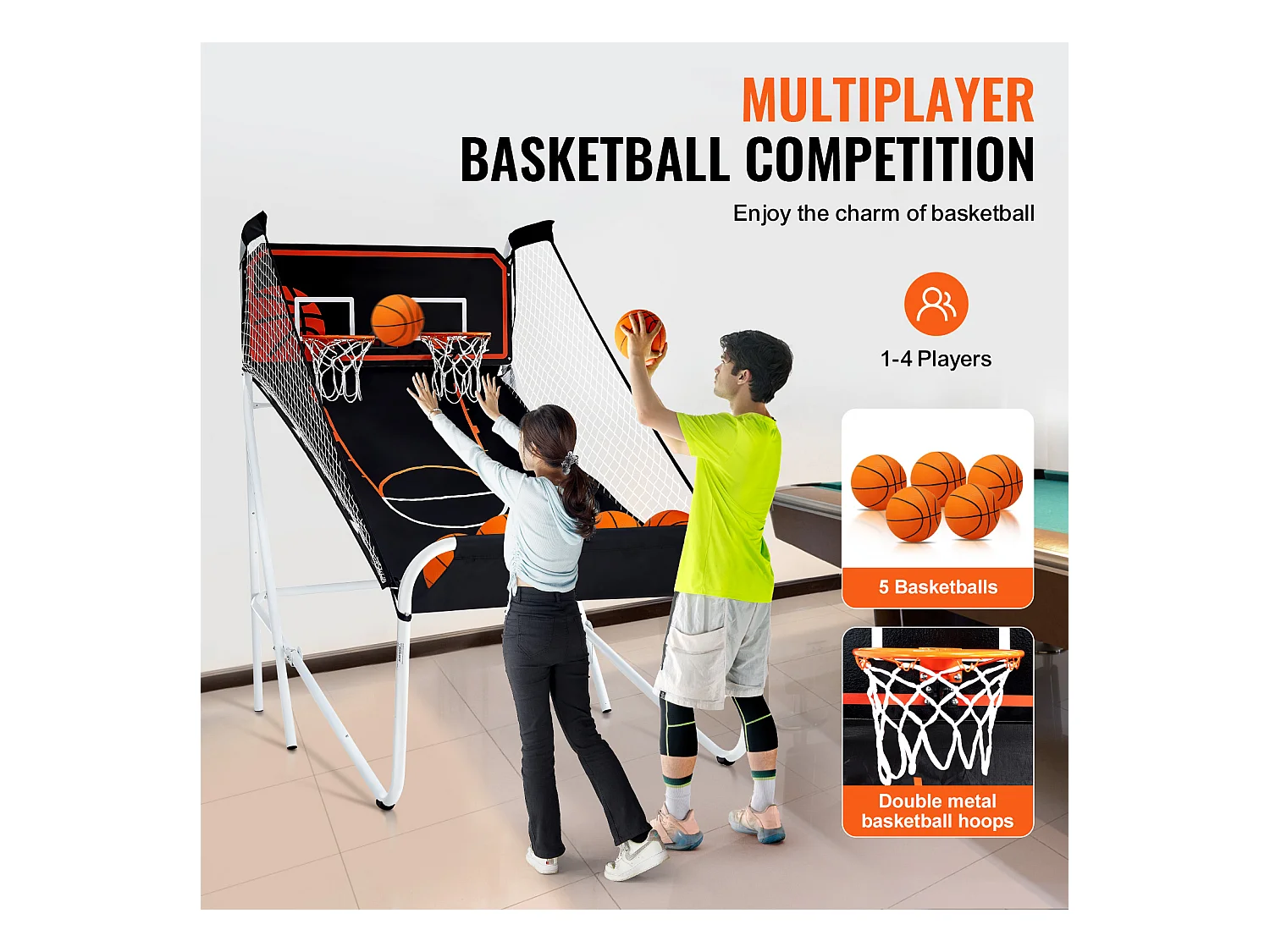 Panier de Basketball Pliable, SucceBuy Jeu d'Arcade de Basket-Ball Pliable d'Intérieur à Double Tir pour 2 Joueurs et 5 Balles