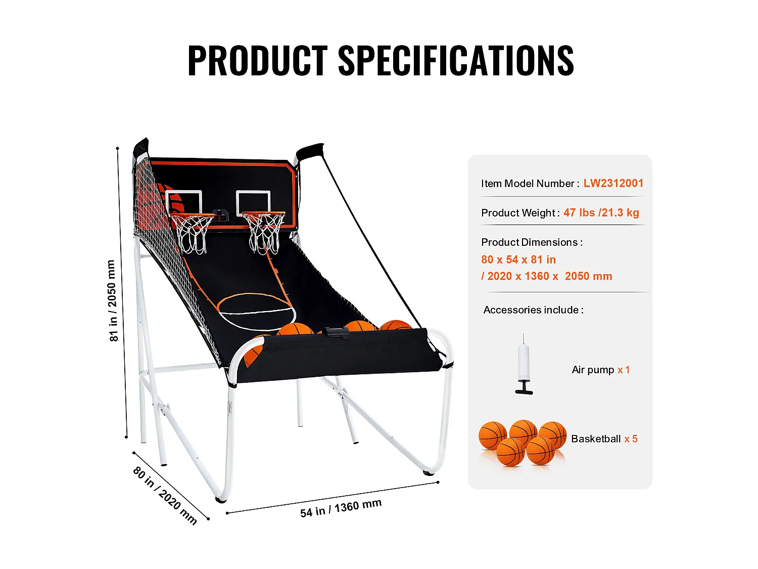 Panier de Basketball Pliable, SucceBuy Jeu d'Arcade de Basket-Ball Pliable d'Intérieur à Double Tir pour 2 Joueurs et 5 Balles