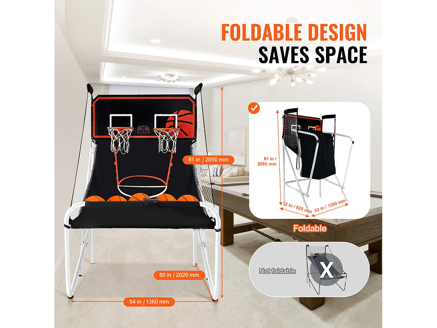 Panier de Basketball Pliable, SucceBuy Jeu d'Arcade de Basket-Ball Pliable d'Intérieur à Double Tir pour 2 Joueurs et 5 Balles