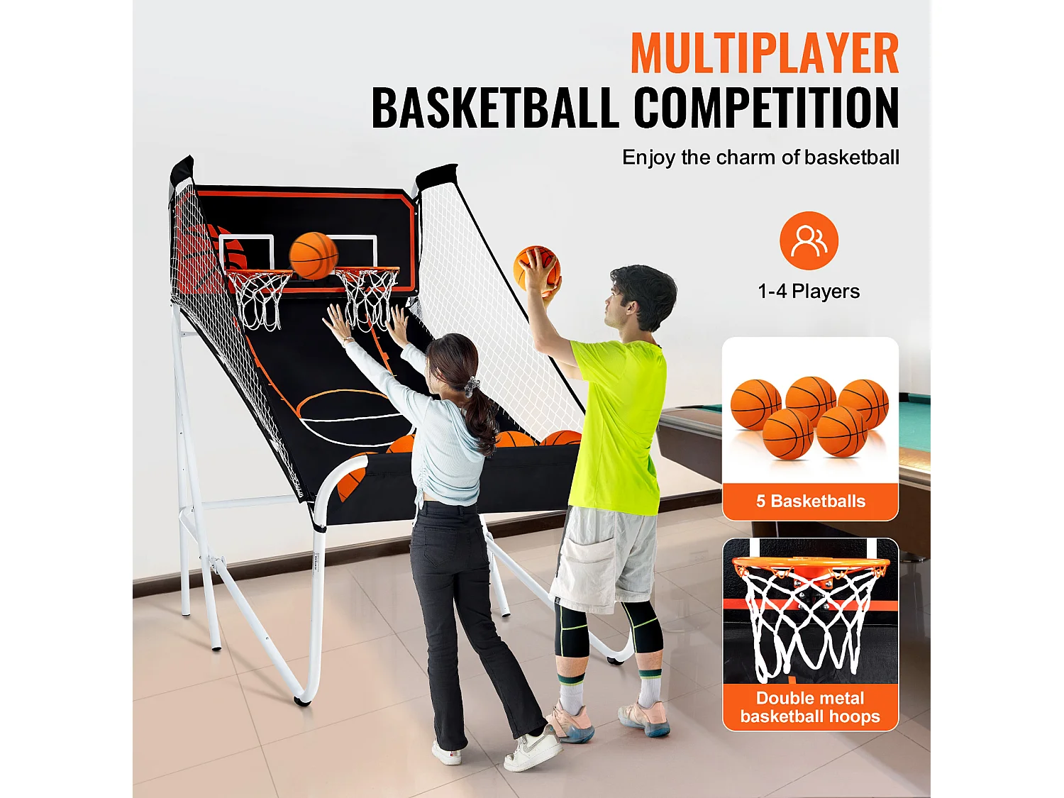 Panier de Basketball Pliable, SucceBuy Jeu d'Arcade de Basket-Ball Pliable d'Intérieur à Double Tir pour 2 Joueurs et 5 Balles