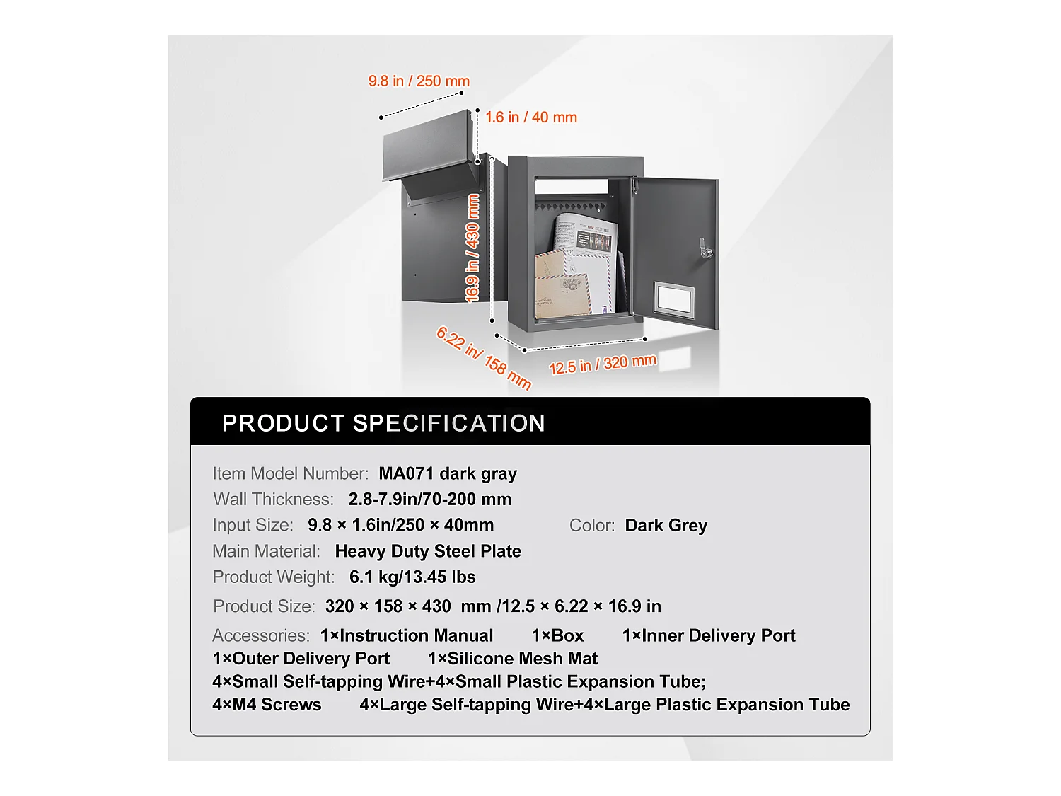 Boîte aux Lettres Murale SucceBuy Boîte aux Lettres Encastrée 320x158x430mm Gris Foncé -  Style Encastré Élégante et Fonctionnelle