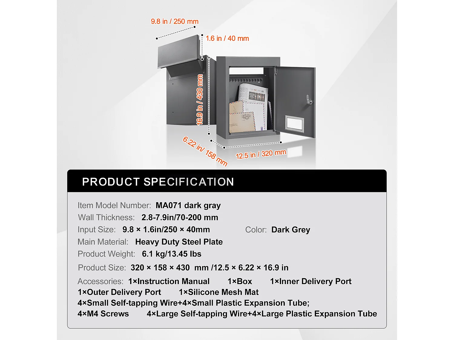 Boîte aux Lettres Murale SucceBuy Boîte aux Lettres Encastrée 320x158x430mm Gris Foncé -  Style Encastré Élégante et Fonctionnelle