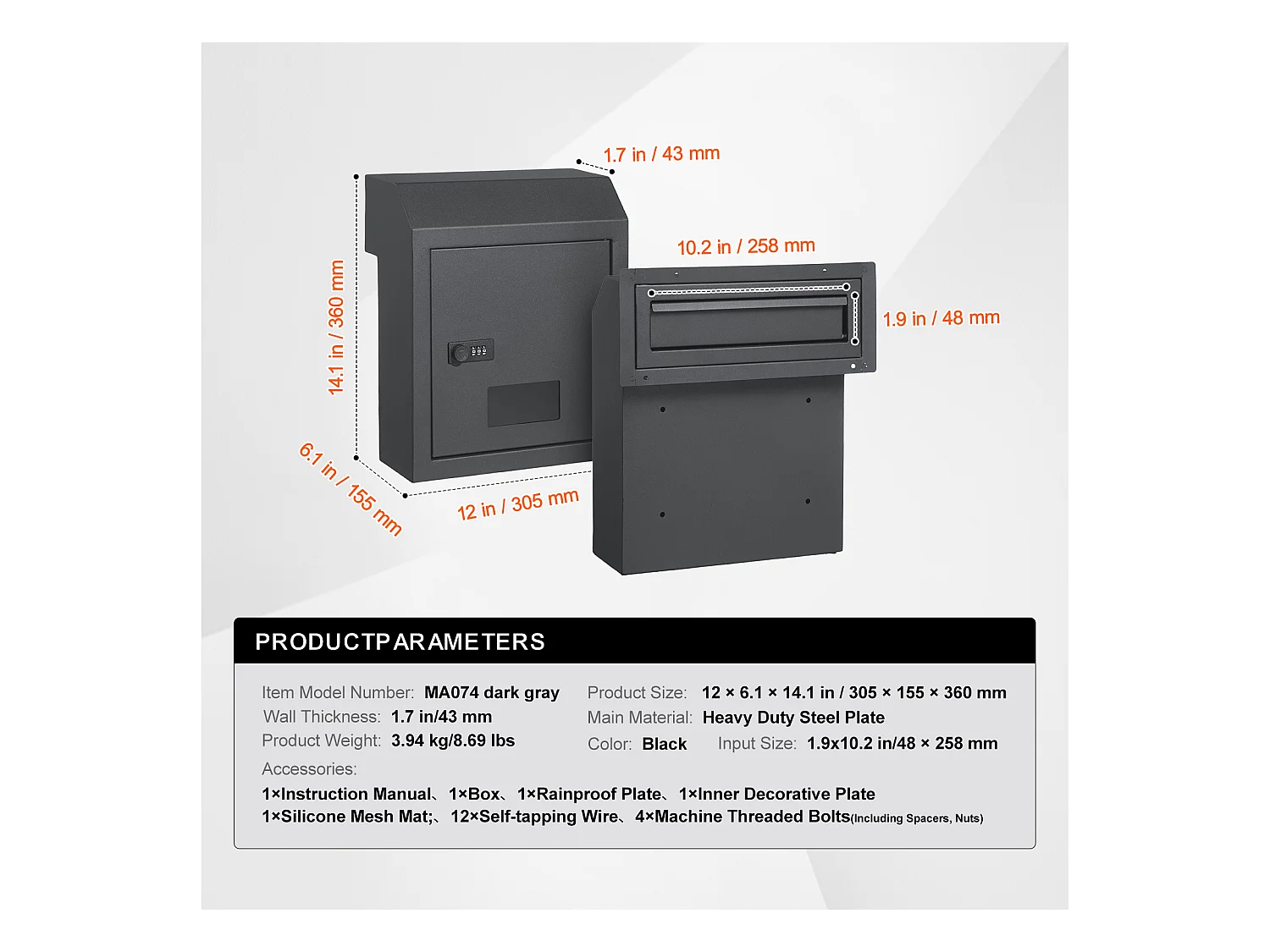 Caixa de Correio Com Chave Através da Porta SucceBuy, Fechadura de Combinacao, Cinza Escuro – Armazenamento Seguro e Elegante do Correio