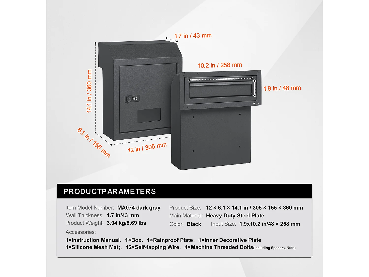Boîte aux Lettres à Clé SucceBuy Through the Door avec Serrure à Combinaison, Gris Foncé - Stockage du Courrier Sécurisé et élégant