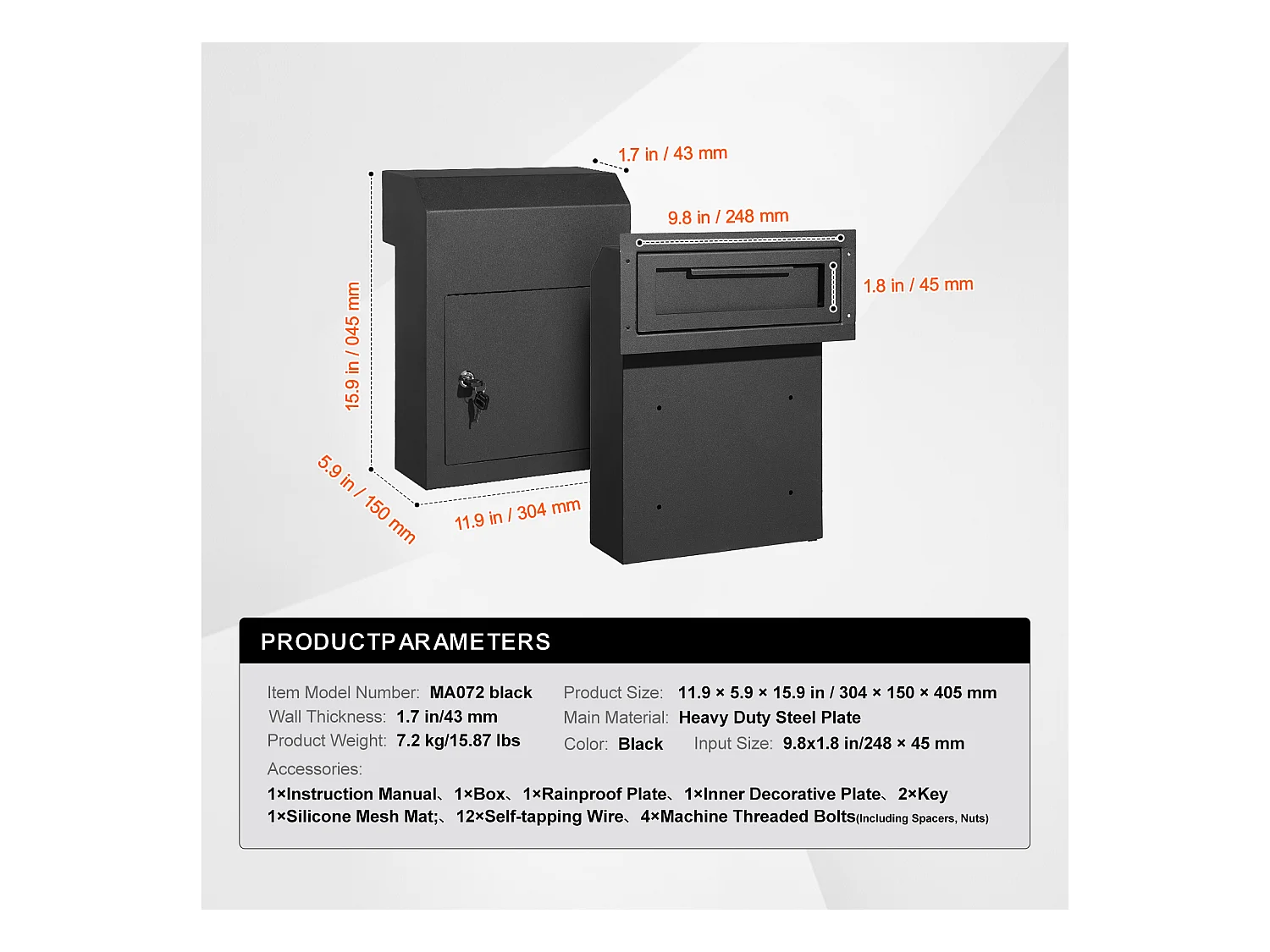 Through the Door Schlüsselkasten SucceBuy 30.5x15.2x40.6cm Briefkasten mit Schlüsselschloss, Schwarz