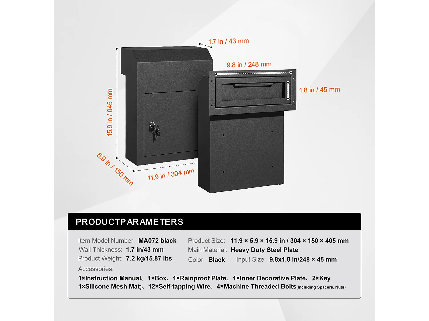 Boîte aux Lettres de Clés SucceBuy Through the Door 30.5x15.2x40.6cm Boîte aux Lettres avec Serrure à Clé, Noir