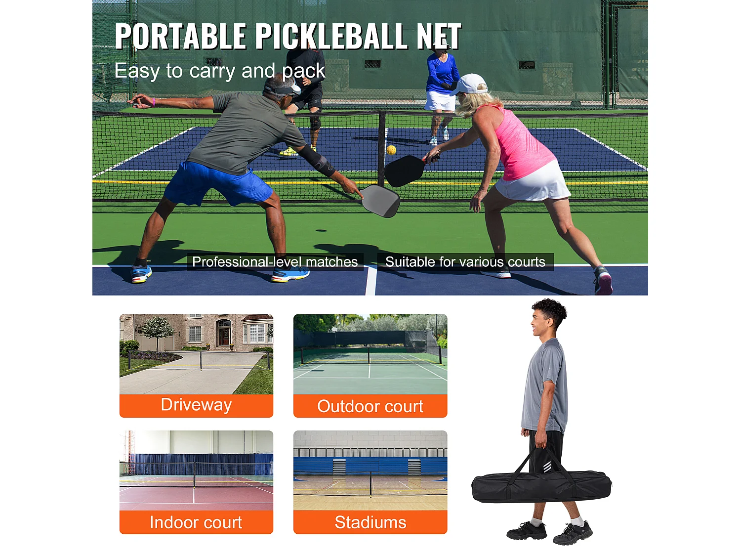 Filet de Pickleball Portable, SucceBuy Système de Filet de Pickleball Portable 670 cm, Taille Réglementaire pour Intérieur/Extérieur