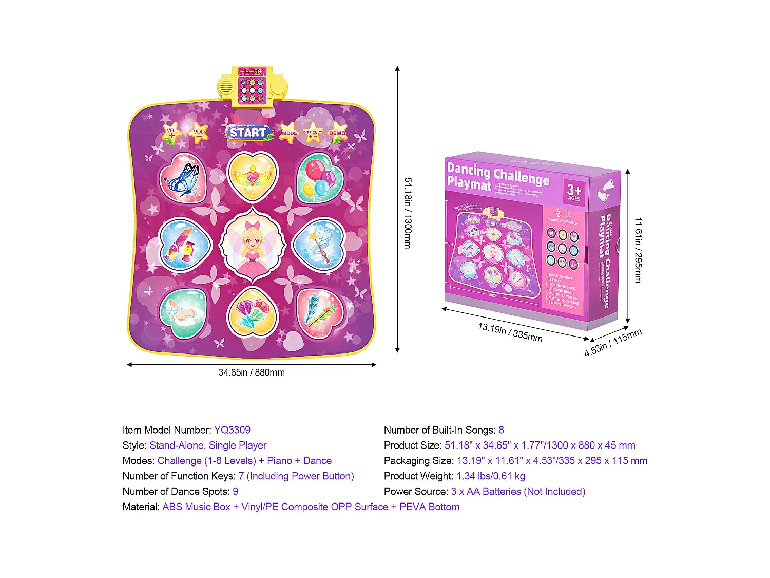 Tapis de Danse SucceBuy à 9 Boutons, Tapis de Jeu Rythmique, 3 Modes, 8 Niveaux, 220 V, Vinyle, Coloré