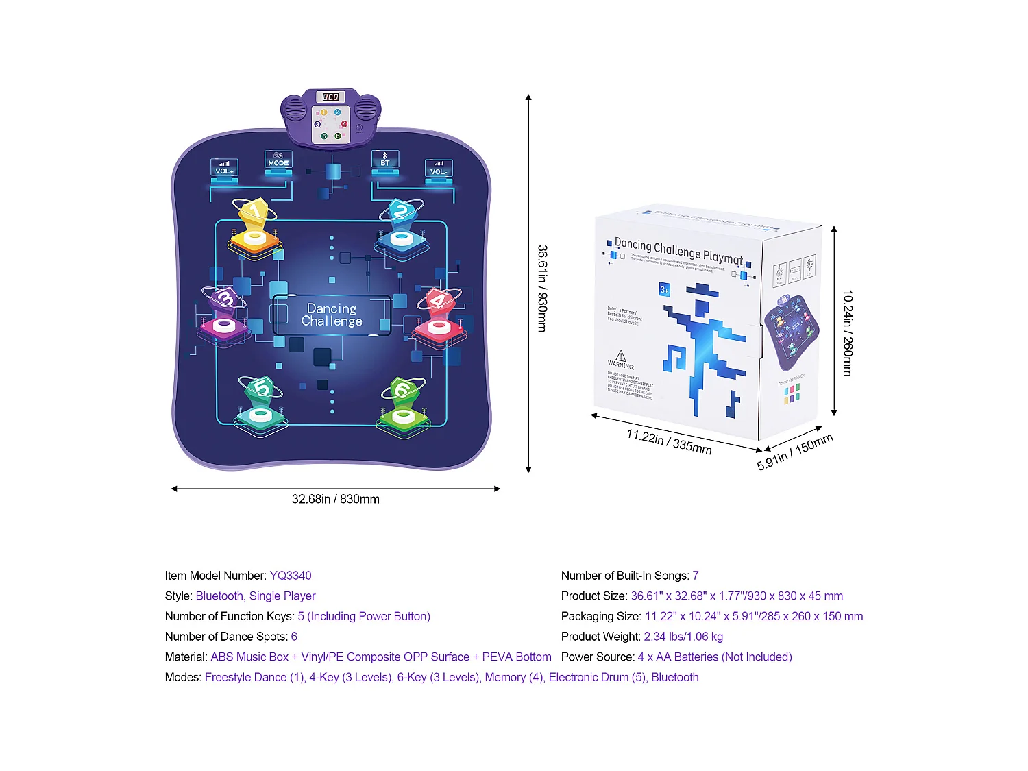 Tapis de Danse SucceBuy à 6 Boutons, Tapis de Jeu Rythmique, Bluetooth, Lumières LED, 220V, 5W, Coloré