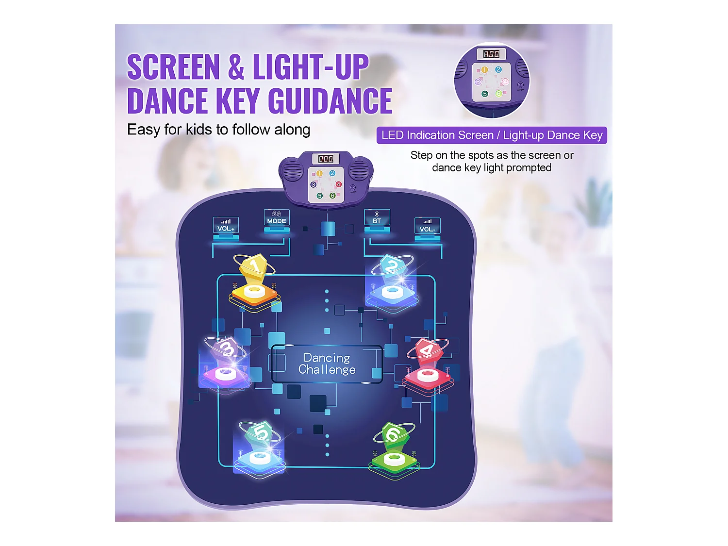 Tapis de Danse SucceBuy à 6 Boutons, Tapis de Jeu Rythmique, Bluetooth, Lumières LED, 220V, 5W, Coloré