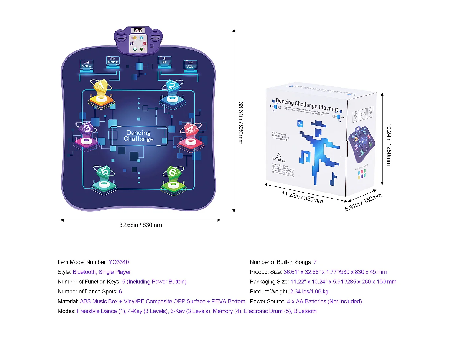 Tapis de Danse SucceBuy à 6 Boutons, Tapis de Jeu Rythmique, Bluetooth, Lumières LED, 220V, 5W, Coloré