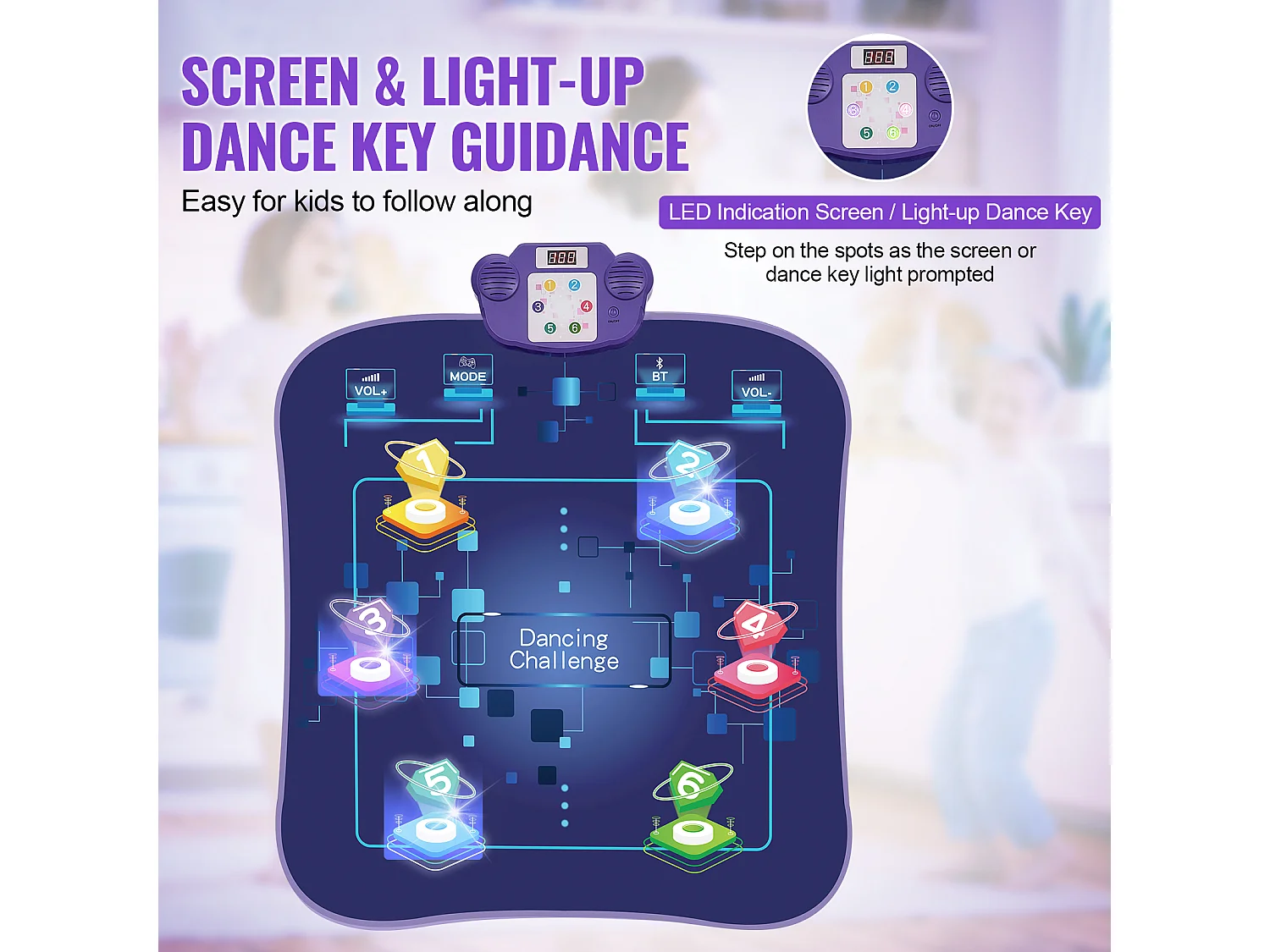 Tapis de Danse SucceBuy à 6 Boutons, Tapis de Jeu Rythmique, Bluetooth, Lumières LED, 220V, 5W, Coloré