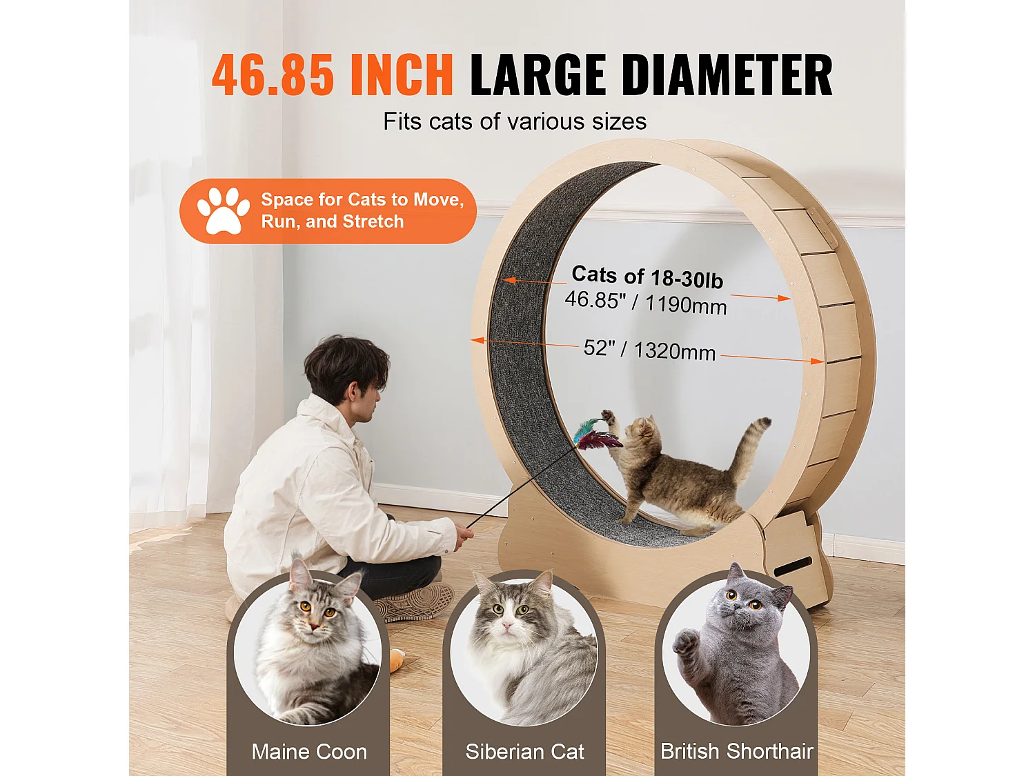 Grande Ruota di Esercizio in Legno per Gatti SucceBuy, Ruota Tappeto Rullante, 132cm, Interno