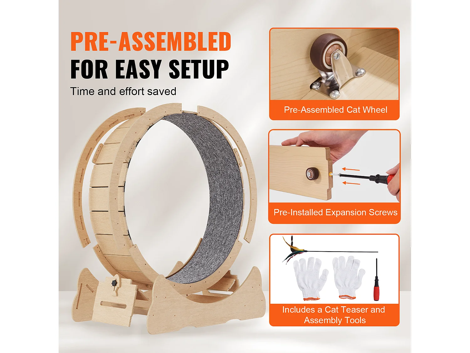 Grande Ruota di Esercizio in Legno per Gatti SucceBuy, Ruota Tappeto Rullante, 132cm, Interno