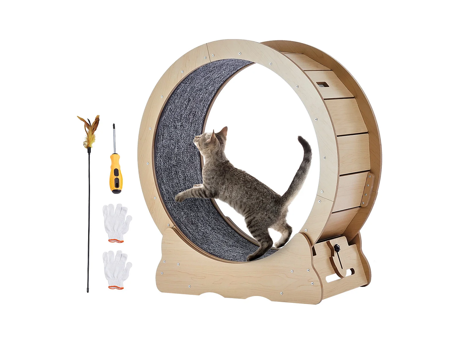 Grande Rueda de Ejercicio en Madera para Gatos SucceBuy, Rueda de Alfombra Rodante, 75cm, Interior