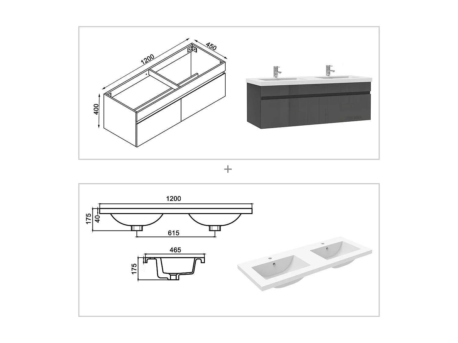 AICA Badezimmerschränke 120cm Mineralguss Einbauwaschbecken mit Unterschrank - Dunkelgrau Matt Hängeschrank - MARO