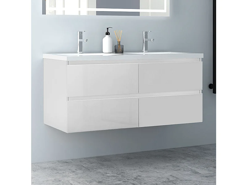 AICA Waschbeckenunterschrank hängend 120cm Mineralguss Einbauwaschbecken mit Unterschrank - Hochglanz Weiß - CINIC