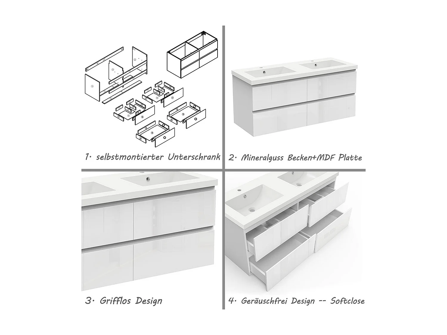 AICA Waschbeckenunterschrank hängend 120cm Mineralguss Einbauwaschbecken mit Unterschrank - Hochglanz Weiß - CINIC