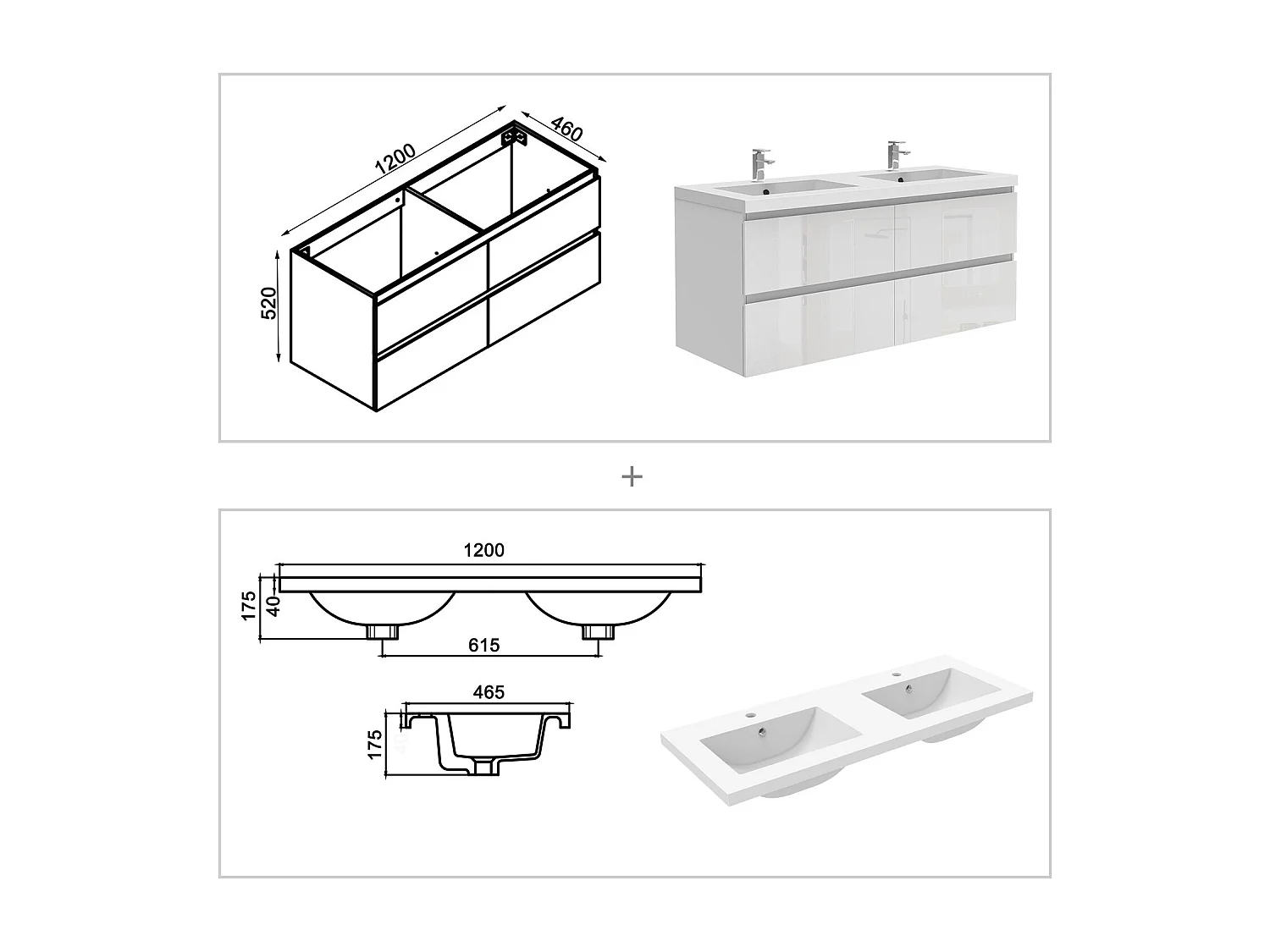 AICA Waschbeckenunterschrank hängend 120cm Mineralguss Einbauwaschbecken mit Unterschrank - Hochglanz Weiß - CINIC