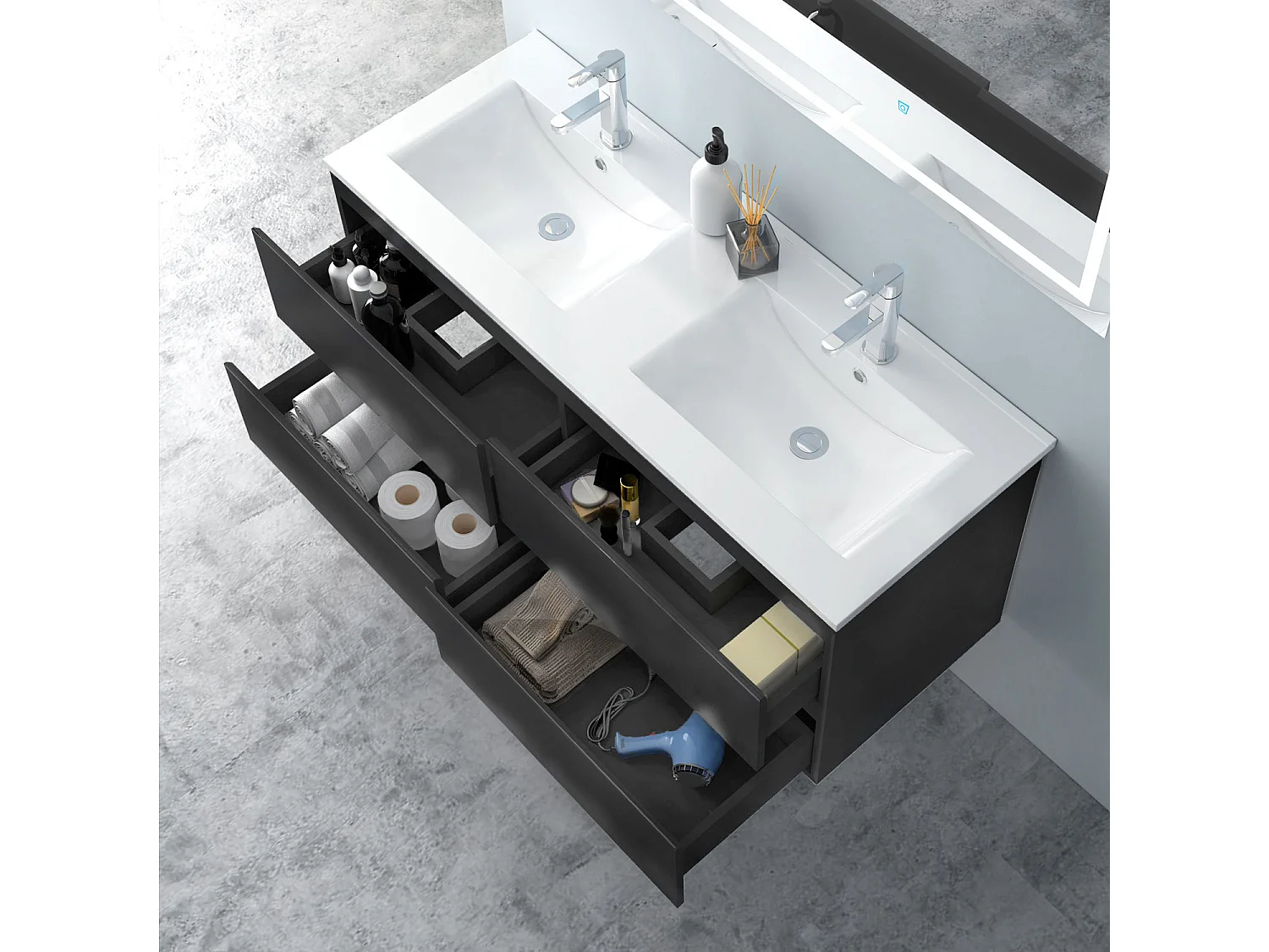 AICA Waschbeckenunterschrank hängend 120cm Keramik Einbauwaschbecken mit Unterschrank - Hochglanz Schwarz - CINIC