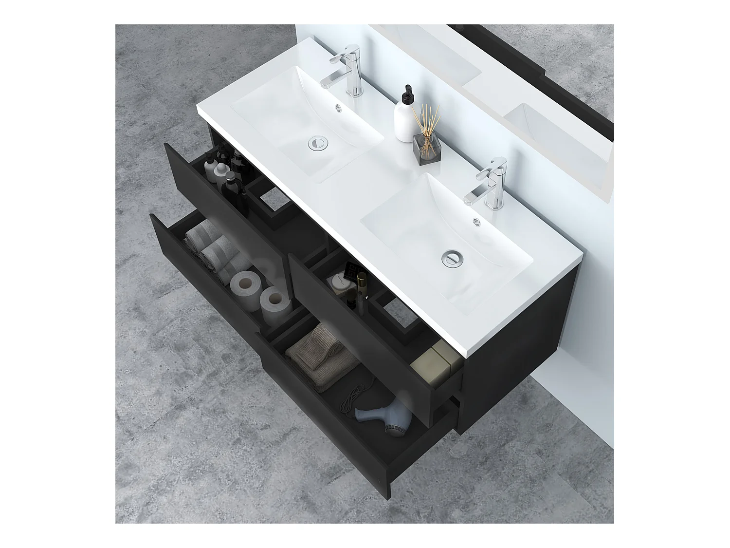 AICA Waschbeckenunterschrank hängend 120cm Mineralguss Einbauwaschbecken mit Unterschrank - Hochglanz Schwarz - CINIC