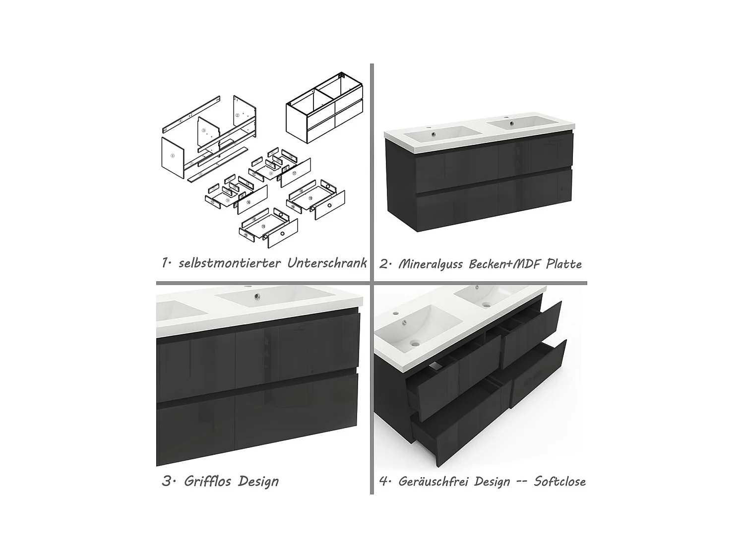 AICA Waschbeckenunterschrank hängend 120cm Mineralguss Einbauwaschbecken mit Unterschrank - Hochglanz Schwarz - CINIC