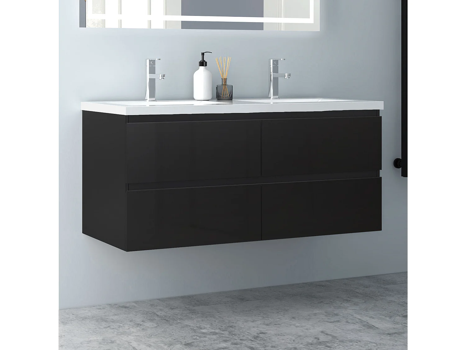 AICA Waschbeckenunterschrank hängend 120cm Mineralguss Einbauwaschbecken mit Unterschrank - Hochglanz Schwarz - CINIC