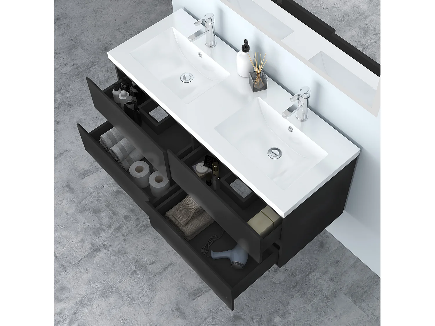 AICA Waschbeckenunterschrank hängend 120cm Mineralguss Einbauwaschbecken mit Unterschrank - Hochglanz Schwarz - CINIC