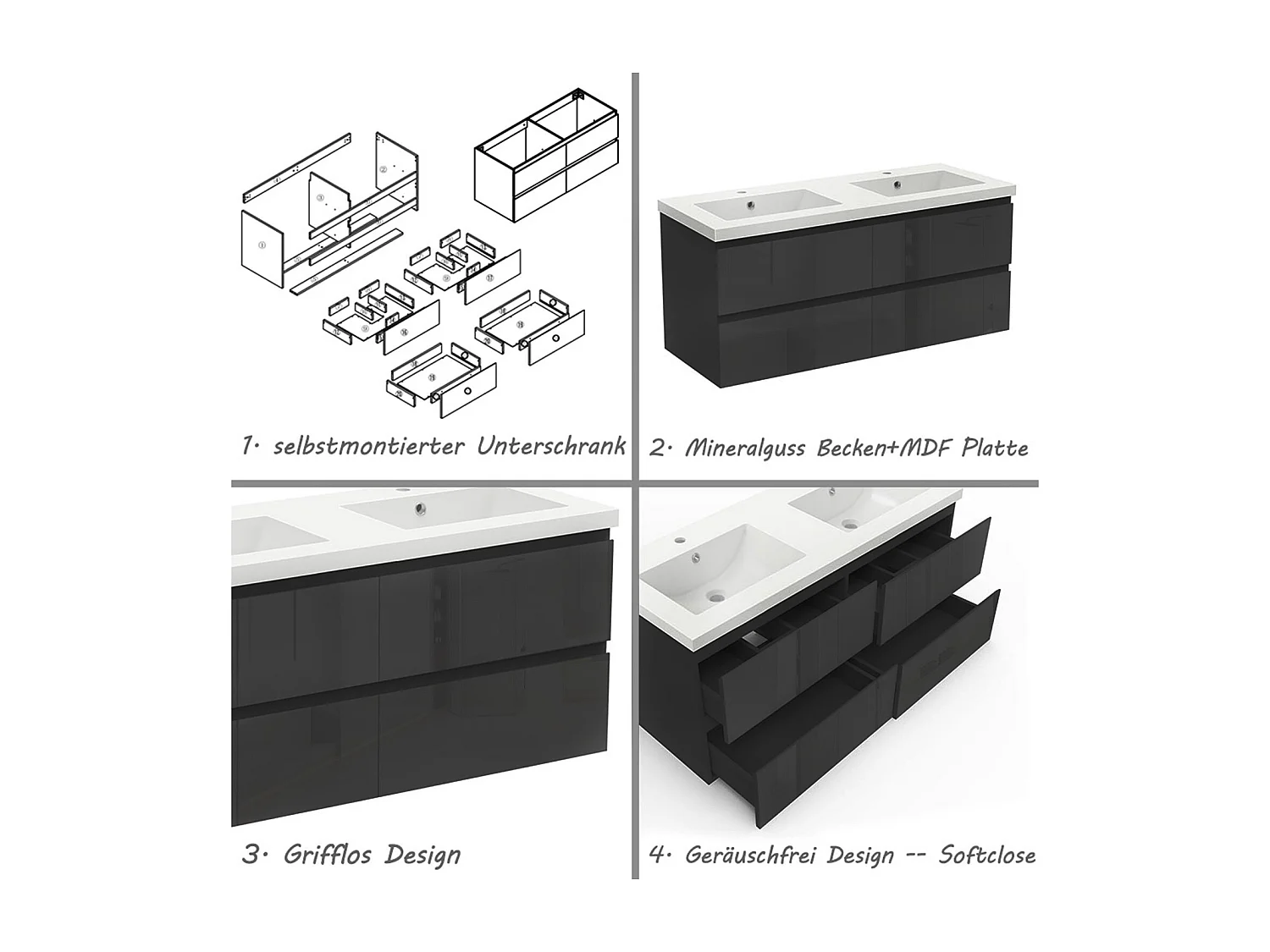 AICA Waschbeckenunterschrank hängend 120cm Mineralguss Einbauwaschbecken mit Unterschrank - Hochglanz Schwarz - CINIC
