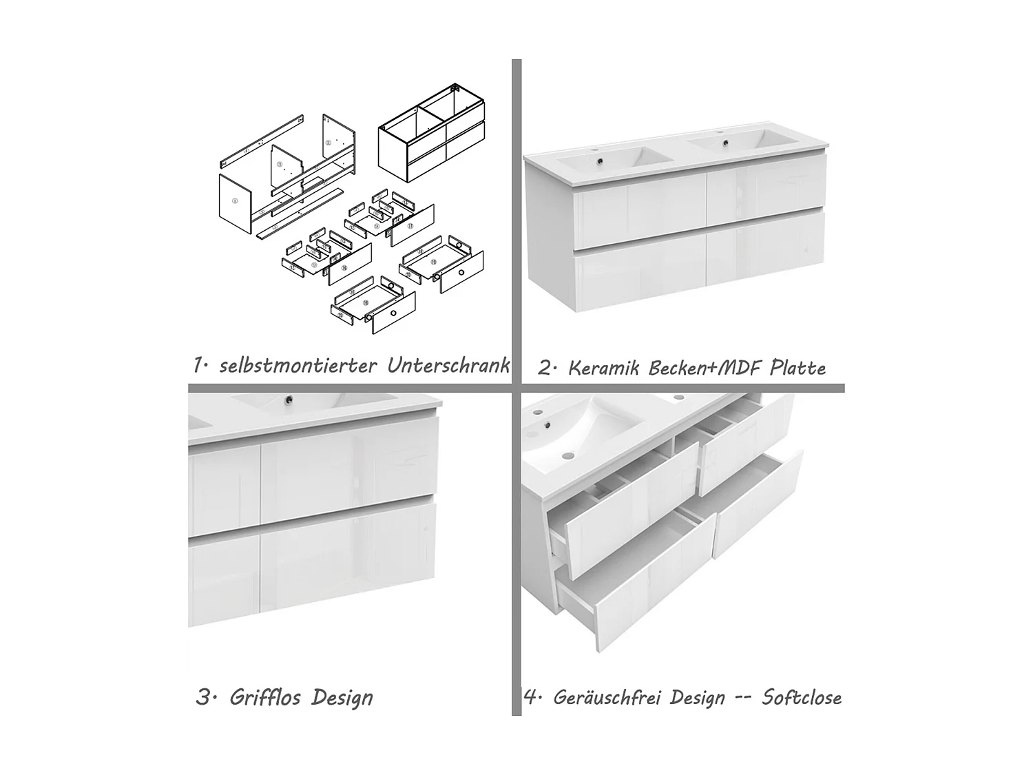 AICA Waschbeckenunterschrank hängend 120cm Keramik Einbauwaschbecken mit Unterschrank - Hochglanz Weiß - CINIC