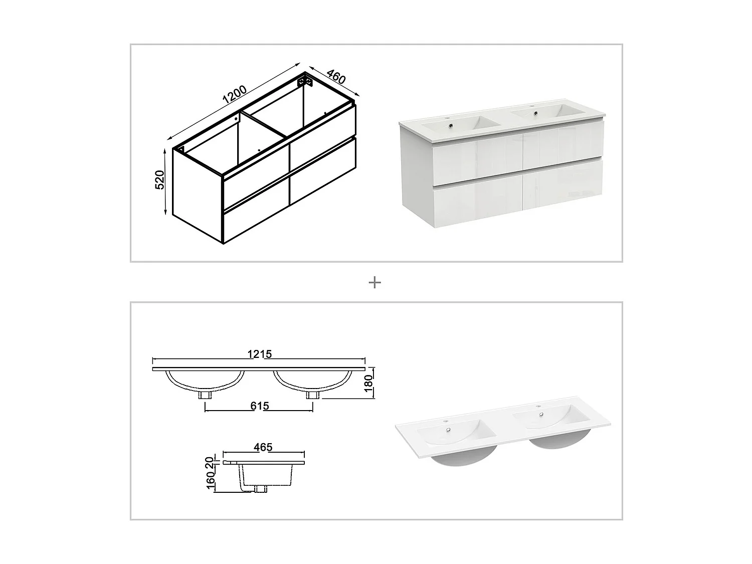 AICA Waschbeckenunterschrank hängend 120cm Keramik Einbauwaschbecken mit Unterschrank - Hochglanz Weiß - CINIC