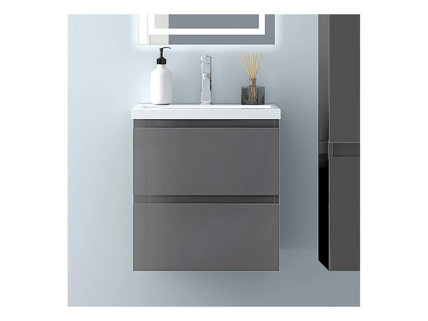 AICA Waschbeckenunterschrank hängend 50cm Mineralguss Waschtisch mit Unterschrank - Hochglanz Dunkelgrau - CINIC