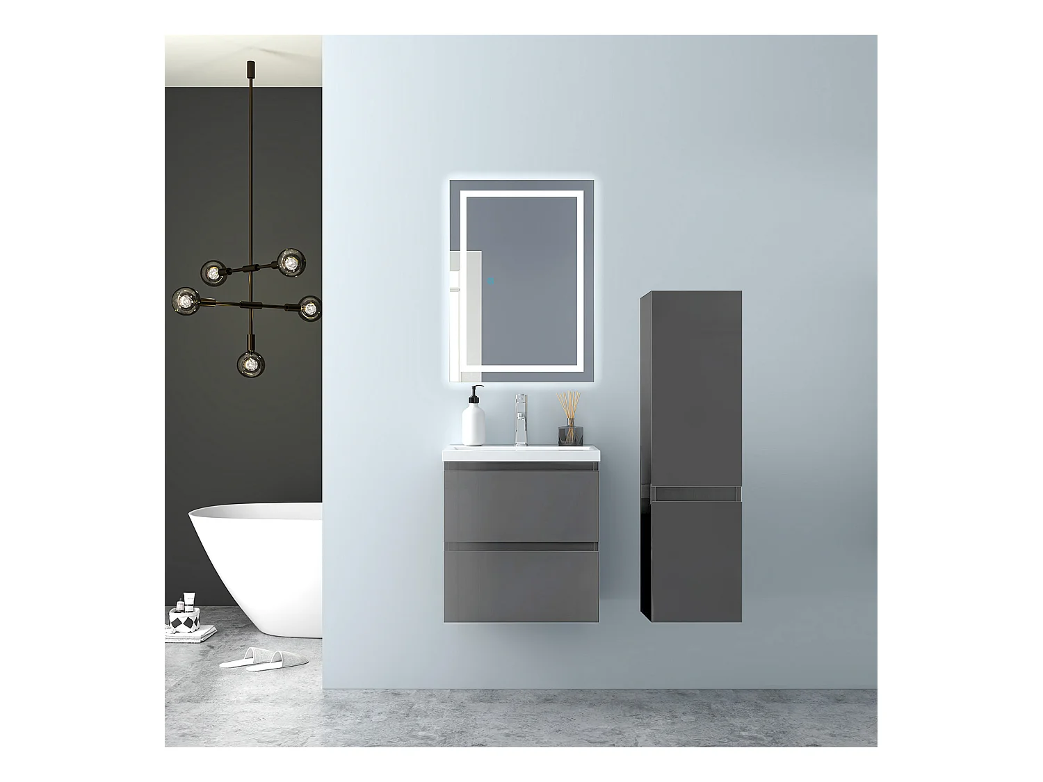 AICA Waschbeckenunterschrank hängend 50cm Mineralguss Waschtisch mit Unterschrank - Hochglanz Dunkelgrau - CINIC