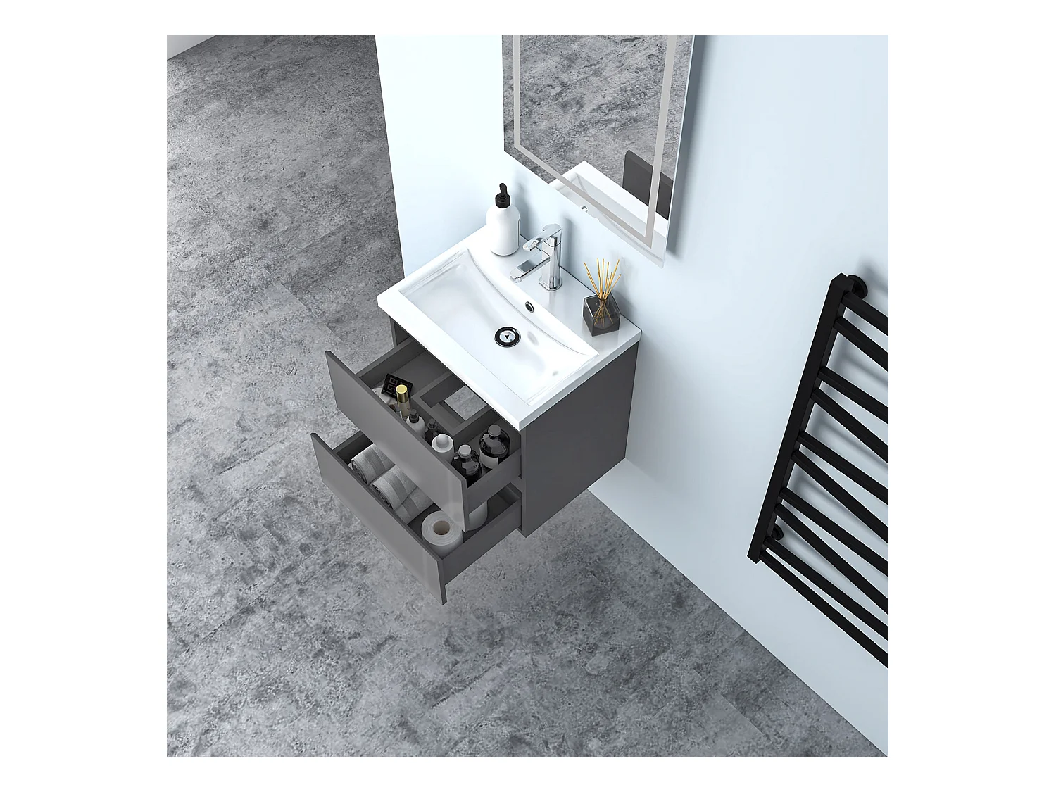 AICA Waschbeckenunterschrank hängend 50cm Mineralguss Waschtisch mit Unterschrank - Hochglanz Dunkelgrau - CINIC