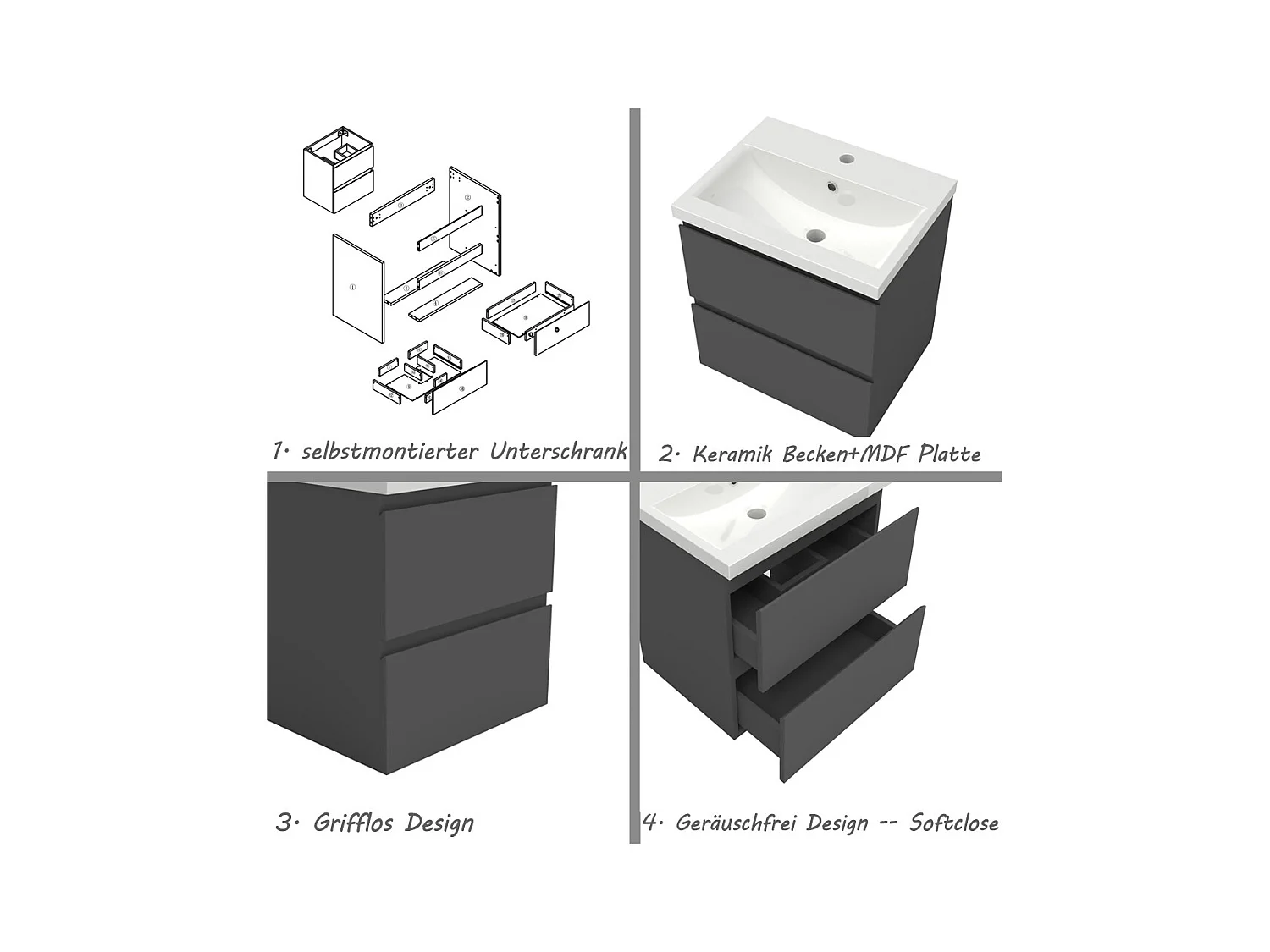 AICA Waschbeckenunterschrank hängend 50cm Mineralguss Waschtisch mit Unterschrank - Hochglanz Dunkelgrau - CINIC