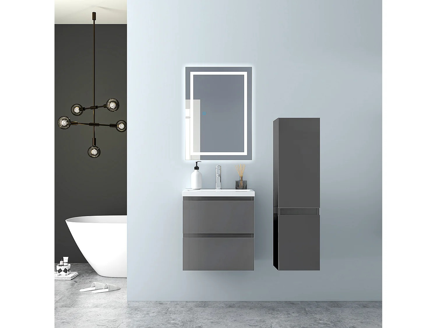 AICA Waschbeckenunterschrank hängend 50cm Mineralguss Waschtisch mit Unterschrank - Hochglanz Dunkelgrau - CINIC