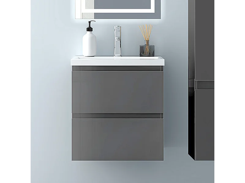 AICA Waschbeckenunterschrank hängend 50cm Mineralguss Waschtisch mit Unterschrank - Hochglanz Dunkelgrau - CINIC